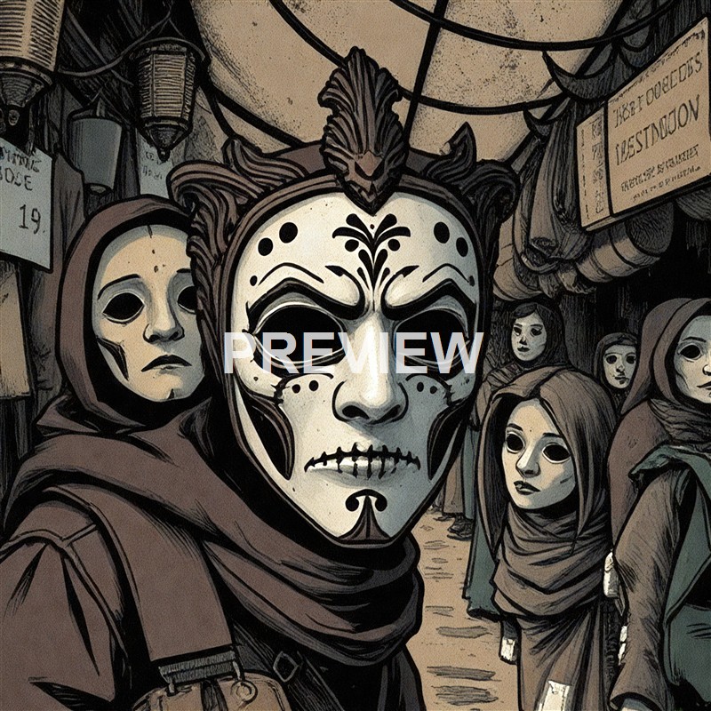 The image depicts a group of people at a market or festival, with one individual wearing a detailed skeleton or Day of the Dead-style mask and a decorative headdress, surrounded by others in hooded clothing, all set against a background of hanging lanterns and signs.